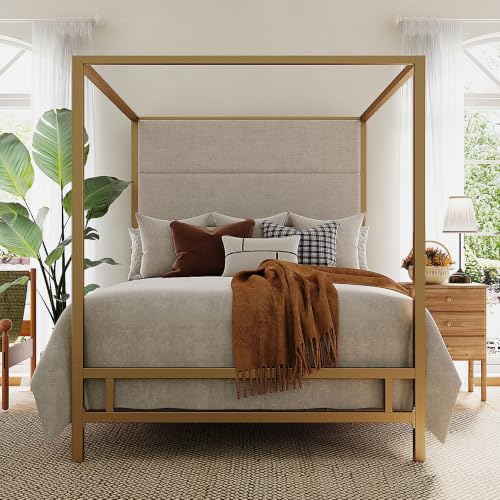King Canopy Bed with Tall Linen Headboard, Metal Frame, Gold & Tan, view 2