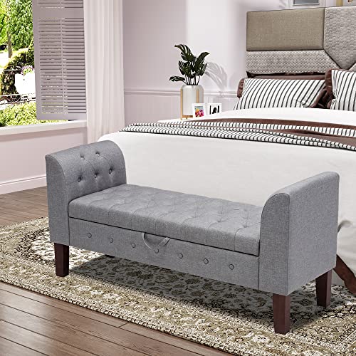 Tufted Stroage Bench for Bedroom Uphosltered Ottoman Bench with Arm with Storage for Entryway, Living Room Gray