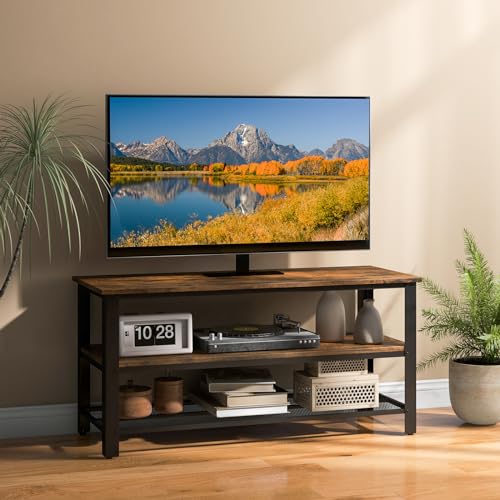 Small TV Stand for TVs up to 50 Inch, 3-Tier TV Console Table with Power Outlets, USB Ports, Storage Shelves, Industrial Media Entertainment Center for Living Room (Rustic Brown, 43.5”L)