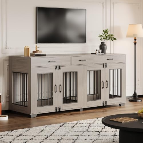71'' Large Dog Crate for 2 Dogs, Dog Crate with 3 Drawers, Grey, view 8