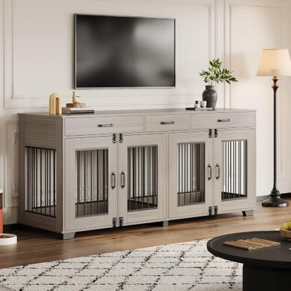 71'' Large Dog Crate for 2 Dogs, Dog Crate with 3 Drawers, Grey, view 8