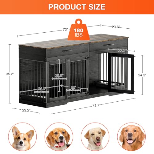 72" Double Dog Crate Furniture with Drawers and Divider, Black, view 4