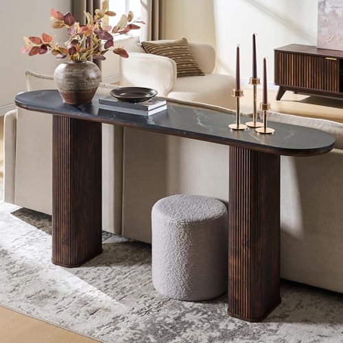 63 Inch Modern Console Table with Arc Faux Marble Texture Top, Fluted Wood Base, Contemporary Entryway Sofa Table for Living Room, Hallway, Foyer, Dark Walnut