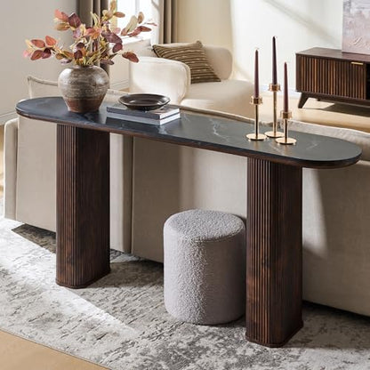 63 Inch Modern Console Table with Arc Faux Marble Texture Top, Fluted Wood Base, Contemporary Entryway Sofa Table for Living Room, Hallway, Foyer, Dark Walnut