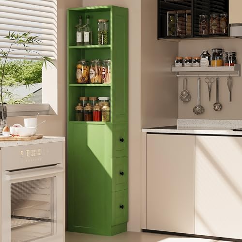 Tall Narrow Storage Cabinet, Anti-Tipping Floor Cabinet with 2 Adjustable Shelves & 3-Level Drawers for Small Space, Home, Bathroom, Kitchen, Laundry (White) (Green)