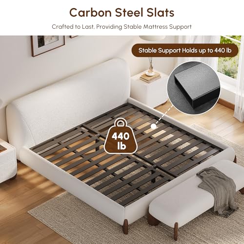 White Boucle King Size Platform Bed with Headboard, view 4