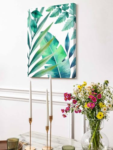 NuYeBiofx Watercolor Summer Palm Leaf Canvas Wall Art Prints,48"x32" Framed Picture Artwork Tropical Green Plant Monstera Printed Canvas Oil Painting for Living Room Bedroom Office,Ready to Hang
