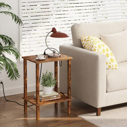 End Table with Charging Station, Set of 2, Small Side Table with Outlets, Nightstand Bedside Table, 2-Tier Storage Shelf for Small Space, Living Room, Bedroom Brown TB01BB041C