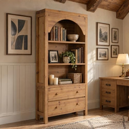 70" Solid Wood Tall Bookshelf with 3-Tier Shelves and 2 Drawers, view 7