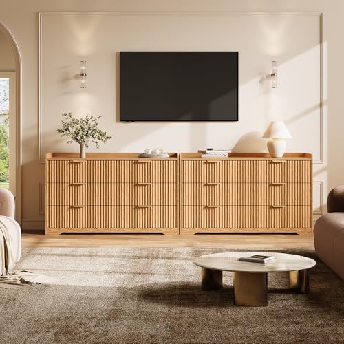 Fluted Dresser for Bedroom 6-Drawer Chest of Drawers, Natural Oak, view 5