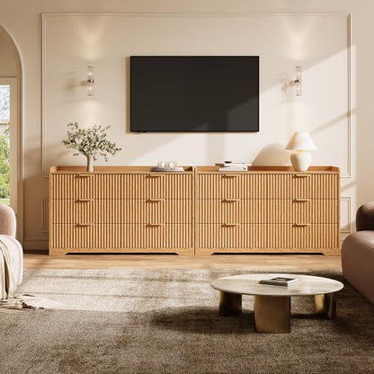 Fluted Dresser for Bedroom 6-Drawer Chest of Drawers, Natural Oak, view 5