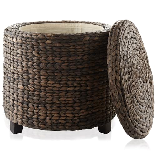 17" Round Storage Ottoman with Lid - Espresso Dark Brown, Handwoven Water Hyacinth Footstool for Living Room, Bedroom, Bathroom, Home Office