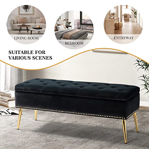 Modern velvet storage ottoman bench gold base black, view 7