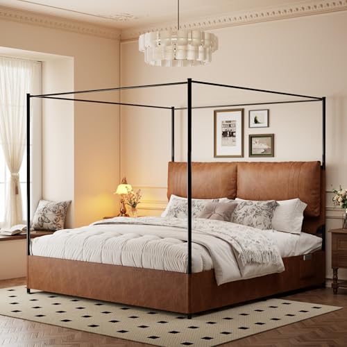 King Size Upholstered Canopy Bed Frame with Faux Leather Headboard, Brown, view 7