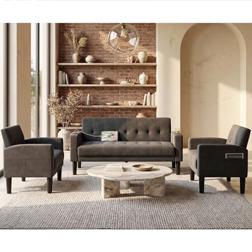 Sofa Couch, Living Room Furniture Sectional Sofa Sets of 3 Pcs, Tufted Mid-Century Loveseat w/USB, Cupholders & Comfy Single Sofa for Small Space, Apartment, Office (Dark Grey)