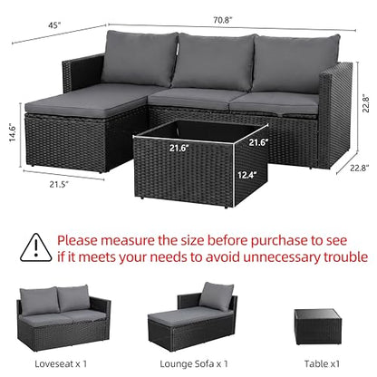 4 Pieces Patio Furniture Set, 2-in-1 Convertible Sectional Sofa & Chaise Lounge, All-Weather Wicker Rattan Sofa Couch with Cushions & Coffee Table for Yard, Garden, Porch, Poolside (Gray)