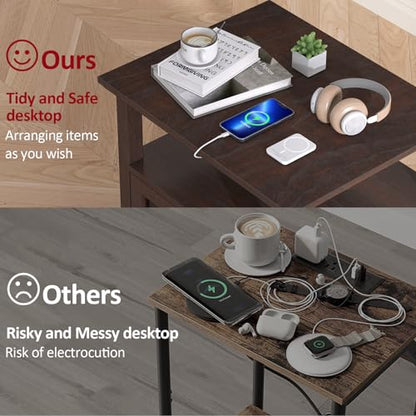 24''Tall End Table with Charging Station, Adjustable Shelf, Storage Side Table,21" Large Nightstand for Living Room, Bedroom,Espresso