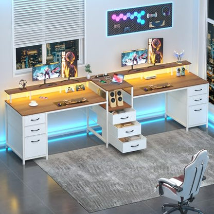 98.4" Long Computer Desk with 9 Drawers, 2 Person Gaming Desk with LED Lights & Power Outlet, Two Person Home Office Desk with Storage, Printer Shelf ＆ Monitor Stand, Brown and White