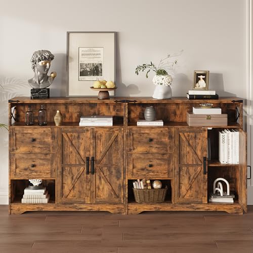Farmhouse Storage Cabinet with Drawers and Open Storage, Brown | Freestanding Kitchen Pantry With 2 Barn Doors, Floor Cabinet With Adjustable Shelf for Living Room, Dining Room
