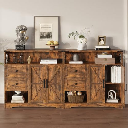 Farmhouse Storage Cabinet with Drawers and Open Storage, Brown | Freestanding Kitchen Pantry With 2 Barn Doors, Floor Cabinet With Adjustable Shelf for Living Room, Dining Room
