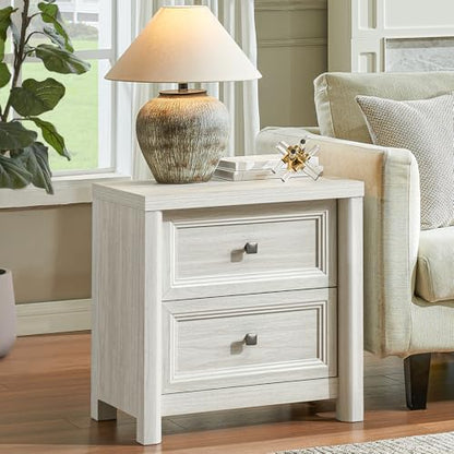 White Night Stand with Drawers, Rustic Washed White Nightstand, Farmhouse Bed Side Table for Bedroom, Bedside End Table for Living Room, Bedroom Furniture, Large Storage Wood Nightstand