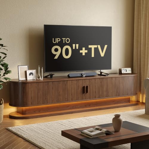 83" TV Stand up to 90 Inch with LED Lights and Power Outlet, Walnut, view 2