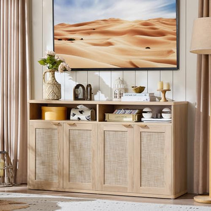 55-Inch Rattan Buffet Cabinet with 4 Doors,Natural, view 6