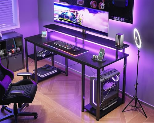 55 Inch Gaming Desk with LED Lights & Storage Shelves, Black, view 7