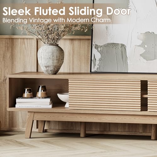 59" TV Console, Mid Century Modern TV Stand for 55/60/65 Inch TV, Low Profile Media Console with Fluted Sliding Doors, Boho Wood Credenza for Living Room, Oak
