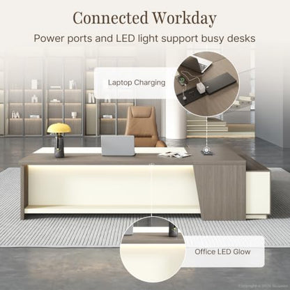94" Executive L-Shaped Desk, 2" Top, LED, Power, Left Return, view 6
