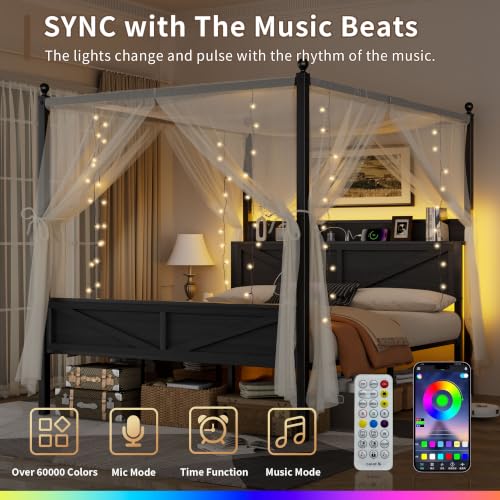 Metal Canopy Bed Frame King Size with Storage Headboard, view 8