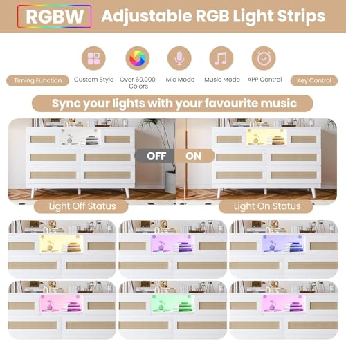 Modern Rattan 6 Drawer Dresser with LED Light & Charging Station – Deep Storage Chest for Bedroom, Closet, Nursery, Living Room, Entryway, TV Stand – White