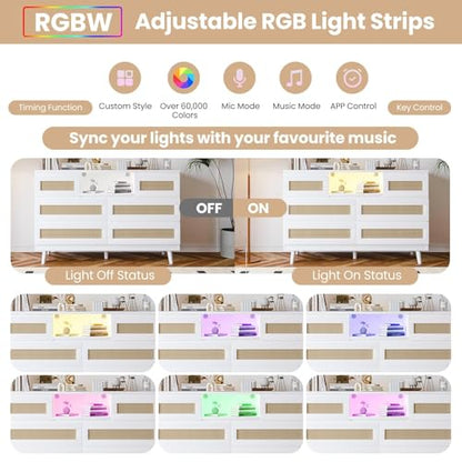 Modern Rattan 6 Drawer Dresser with LED Light & Charging Station – Deep Storage Chest for Bedroom, Closet, Nursery, Living Room, Entryway, TV Stand – White