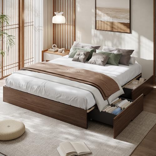 Wood Platform Bed Frame, California King Bed Frame with 2 Drawer, view 4