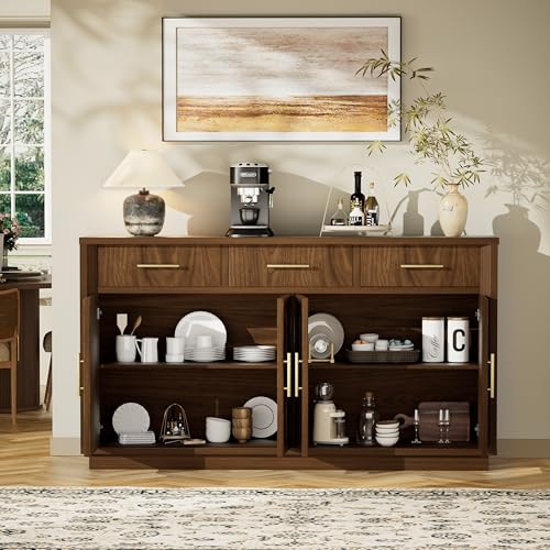 59" Sideboard Buffet Cabinet, 3 Drawers, 4 Doors, Walnut, view 7
