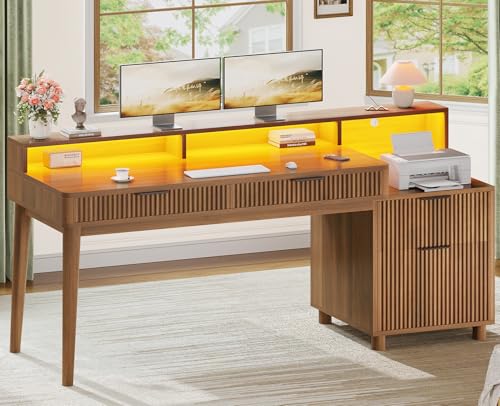 Modern Office Desk with 4 Drawers, 59" Fluted Gaming Computer Desk with Storage, view 2