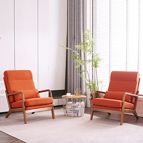 Accent Chair High Back Mid-Century Modern, Burnt Orange | Linen Fabric Upholstered, Walnut Color Solid Rubber Wood Frame, Soft Cushion with Pillow, For Living Room, Bedroom, Balcony