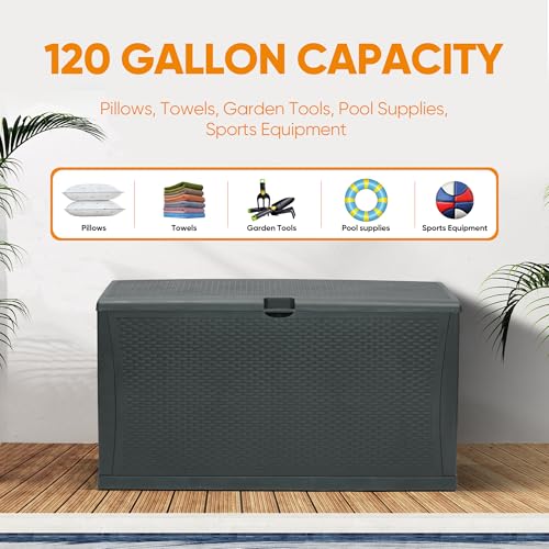 100 Gallon Resin Deck Box Waterproof Outdoor Storage Box and Patio Furniture Side Table for Pool Accessories, Gardening Tools, Outdoor Indoor Cushions, Lockable, UV Resistant