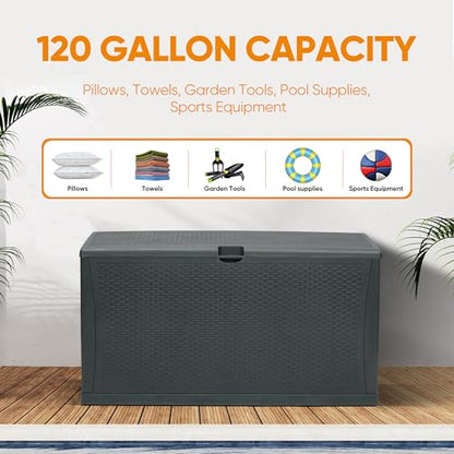 100 Gallon Resin Deck Box Waterproof Outdoor Storage Box and Patio Furniture Side Table for Pool Accessories, Gardening Tools, Outdoor Indoor Cushions, Lockable, UV Resistant