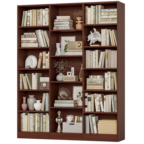 Triple Wide Bookshelf, 6 Tier Large Bookshelf, Bookcase with 17 Open Display Shelves, 74'' Tall Bookcases and Bookshelves for Living Room, Home Office, Library, Cherry