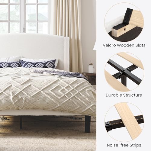 Soft Teddy Fabric Bed Frame Queen Size, Curved Headboard, White, view 6