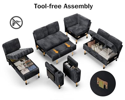 111" Modular Sectional Sleeper Sofa with Pull Out Bed, 7 Seat Plush Corduroy L Shaped Couch with Storage Chaise|USB Ports|Cup Holders|Side Table|Storage Armrests, Tool Free Assembly, Grey