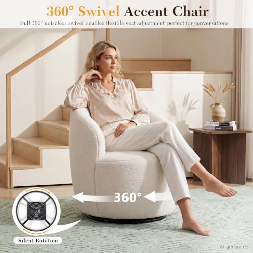Swivel Barrel Chair, 360° Small Single Sofa Armchair Comfy Round Sofa Chair, Boucle Chairs Padded Armchair, Modern Round Accent Arm Chairs for Living Room Bedroom, Teddy Ivory