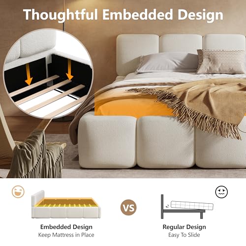White Bouclé Platform Bed, view 6