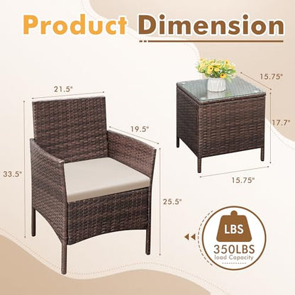 Patio Furniture Set 3 Pieces All-Weather Rattan Outdoor Furniture Patio Chairs with Tempered Glass Table for Porch Bistro Balcony (Brown/Cream)