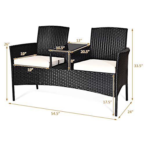 Wicker Patio Conversation Furniture Set, Outdoor Furniture Set with Removable Cushions & Table, Tempered Glass Top, Modern Rattan Bench for Garden Lawn Backyard (White)