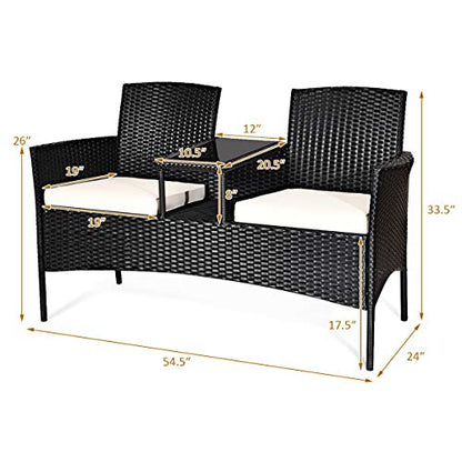 Wicker Patio Conversation Furniture Set, Outdoor Furniture Set with Removable Cushions & Table, Tempered Glass Top, Modern Rattan Bench for Garden Lawn Backyard (White)