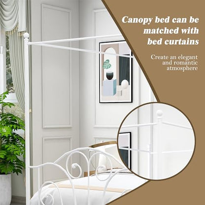 Full Size Four-Poster Metal Canopy Bed Frame,White, view 7