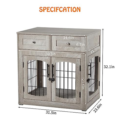 Dog Crate Furniture with Cushion, Wooden Dog Crate Table with 2 Drawers, view 7