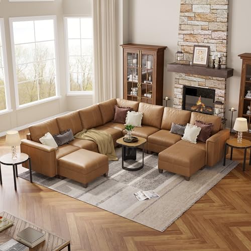 Faux Leather Modular Sectional Sofa with Storage, Mid Century Modern Sectional Couches for Living Room, 113" Wide 9 Seat V Shaped Sectional Couch with Chaise, Brown